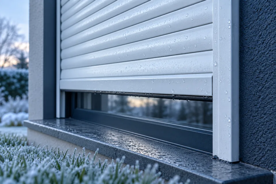 Détail d’un tablier blanc et de sa coulisse après la pluie